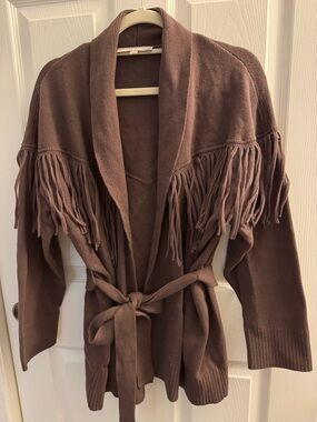 LOFT Brown Fringe Tie-Waist Open Cardigan